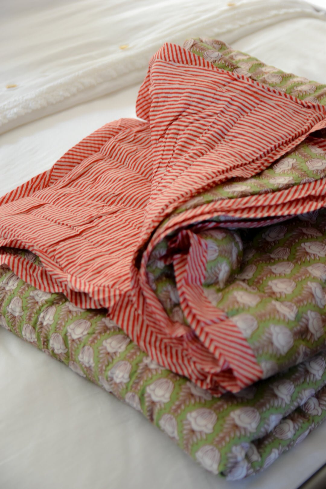 Green & Red Block Print Quilt | Katel Home