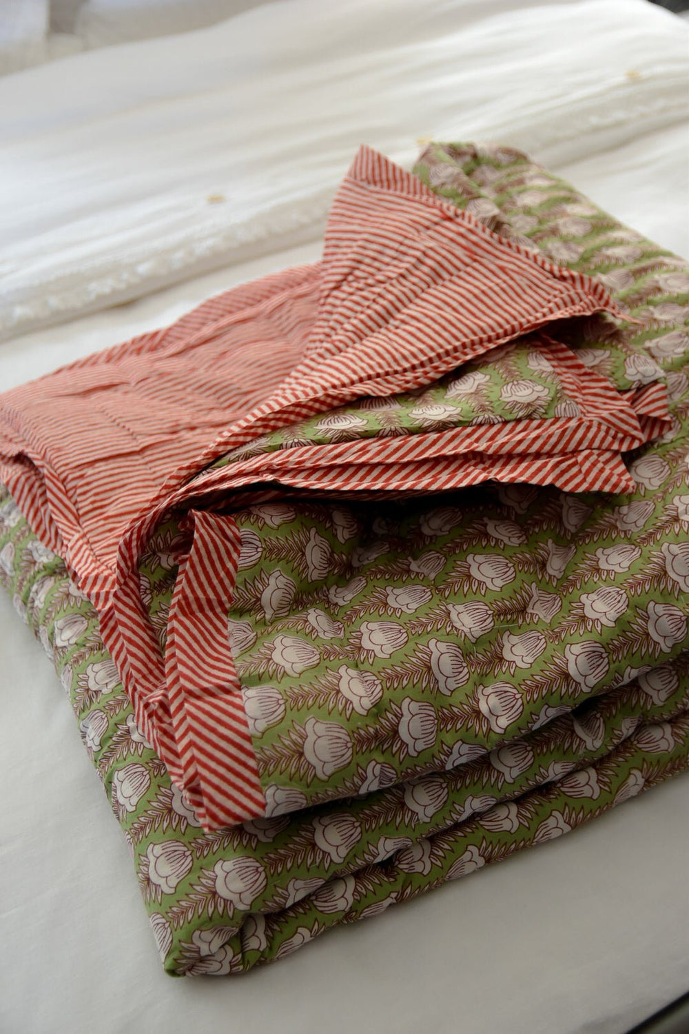 Green & Red Block Print Quilt | Katel Home