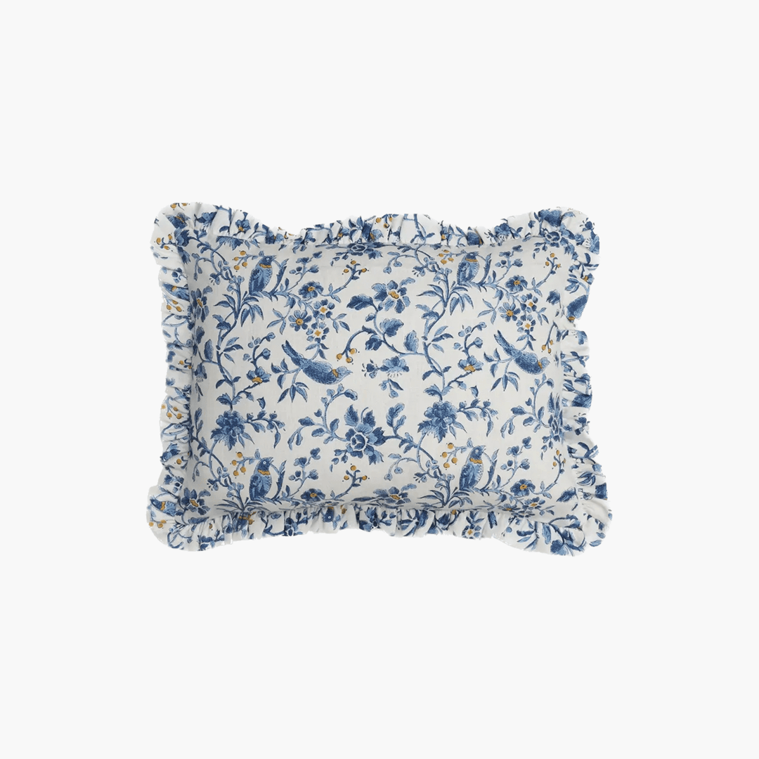 Blue Block Print Ruffle Pillow | Katel Home