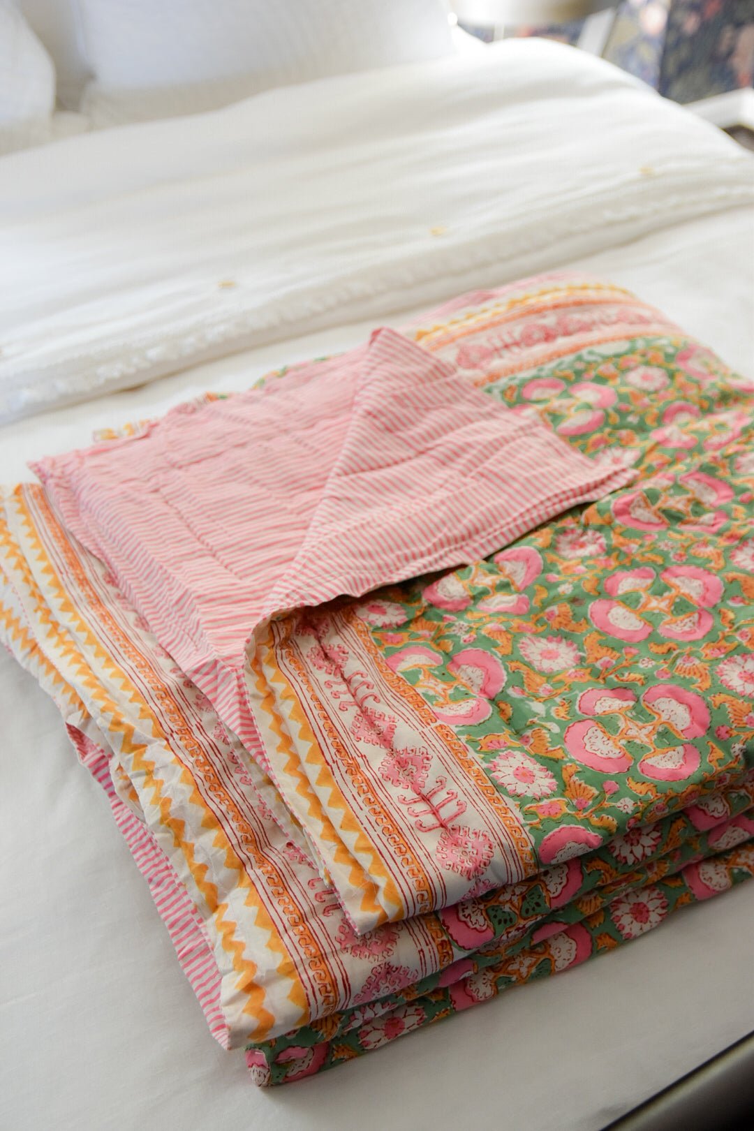 Green/ Fuscia Block Print Quilt | Katel Home