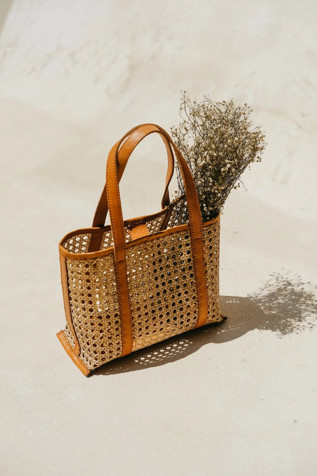 Handmade Cane and Leather Tote | Katel Home