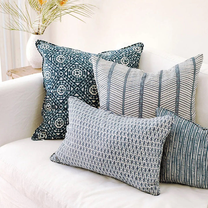 Laharia Azure Linen Block Print Pillow | Katel Home