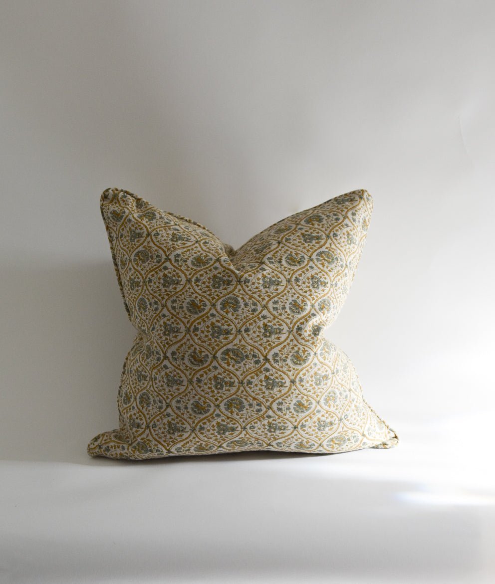 Trellis Saffron Linen Block Print Pillow | Katel Home