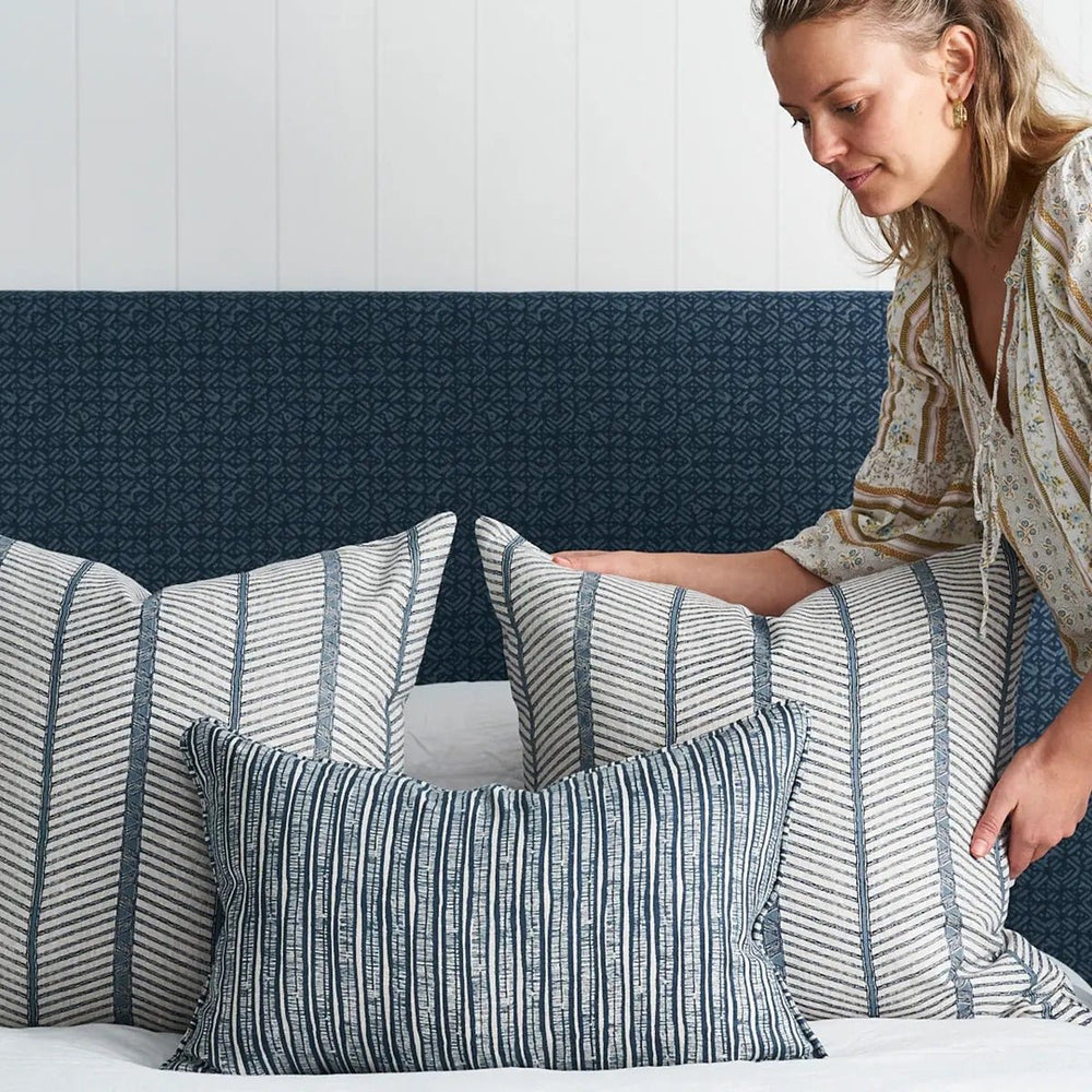Zanzibar Azure Linen Block Print Pillow | Katel Home