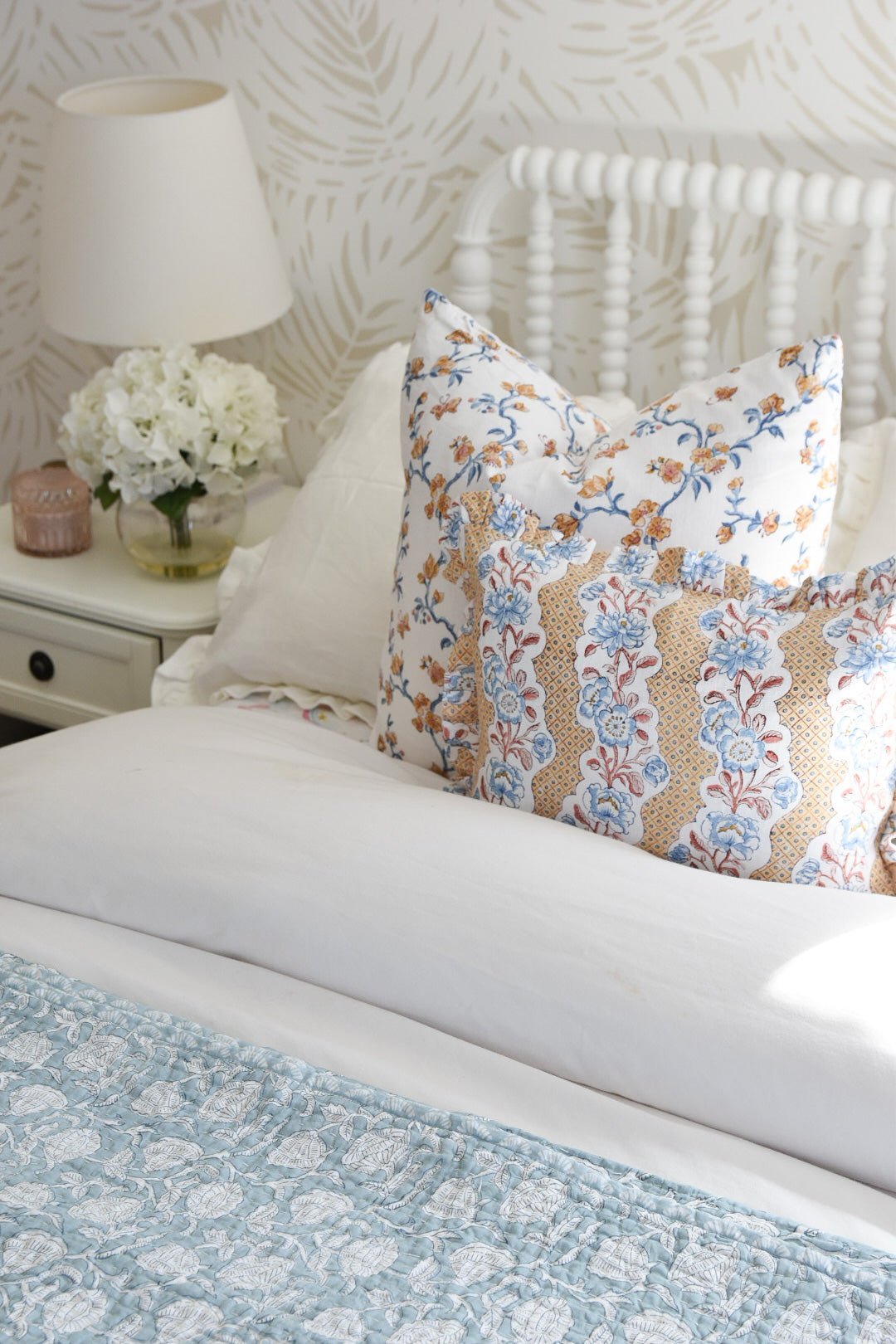 Peony and Robin Block Print Pillow | Katel Home